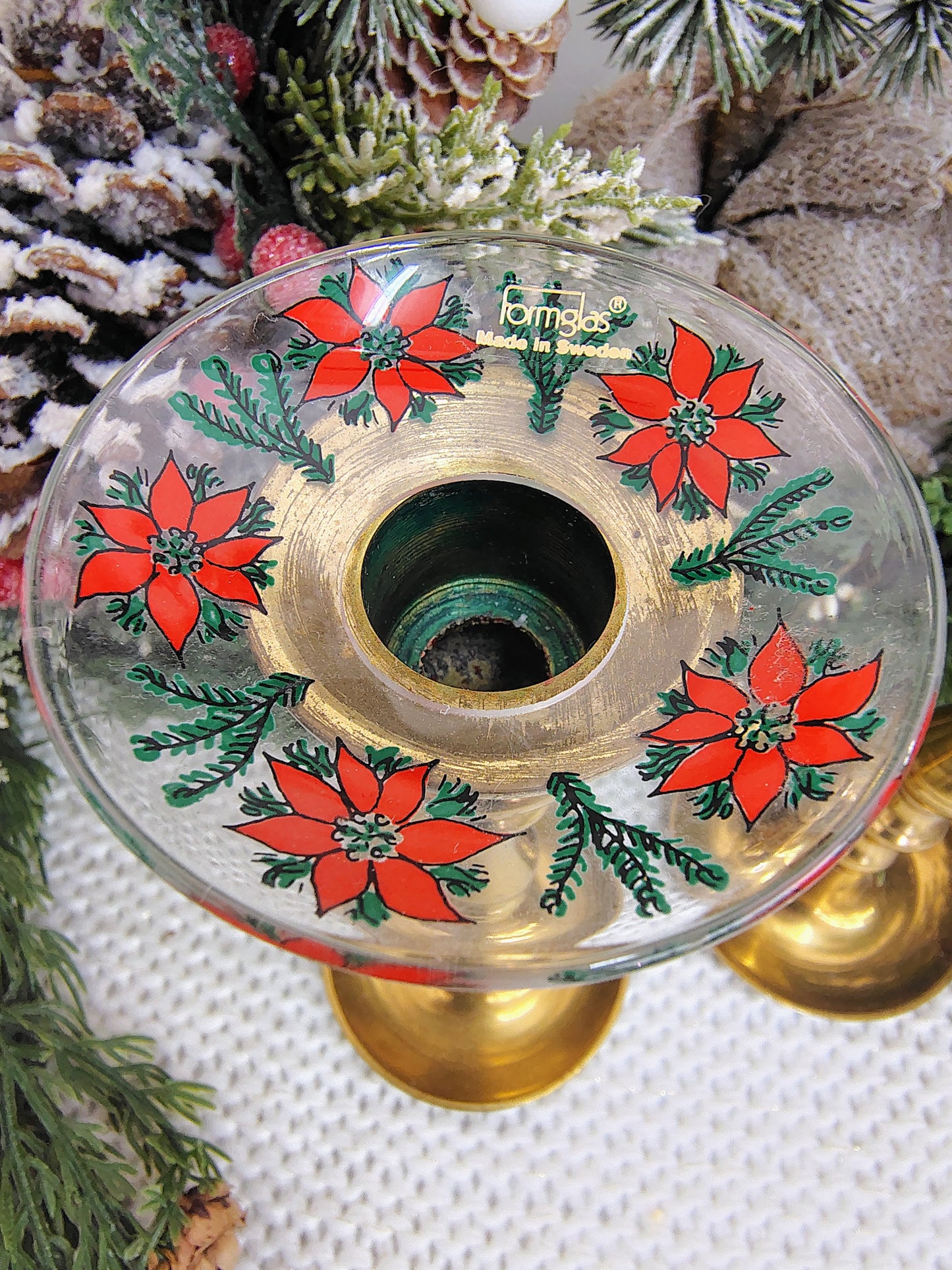 Vintage Formglas Sweden Christmas Poinsettia Glass Candle Holder Drip Rings – Set of 2