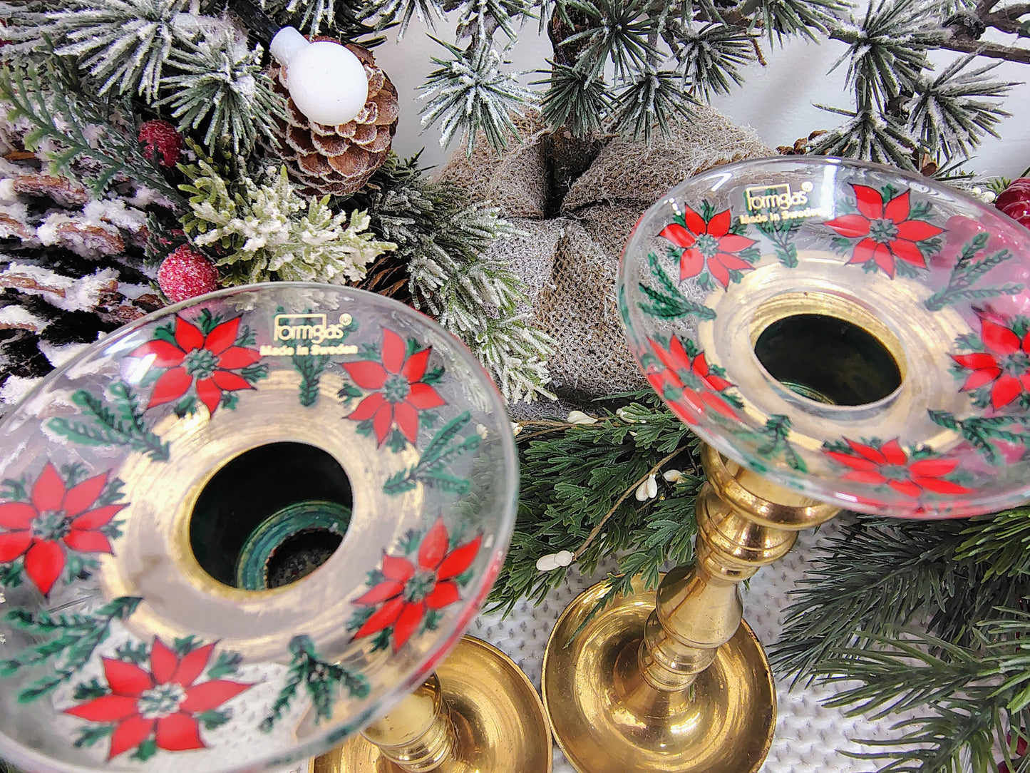 Vintage Formglas Sweden Christmas Poinsettia Glass Candle Holder Drip Rings – Set of 2