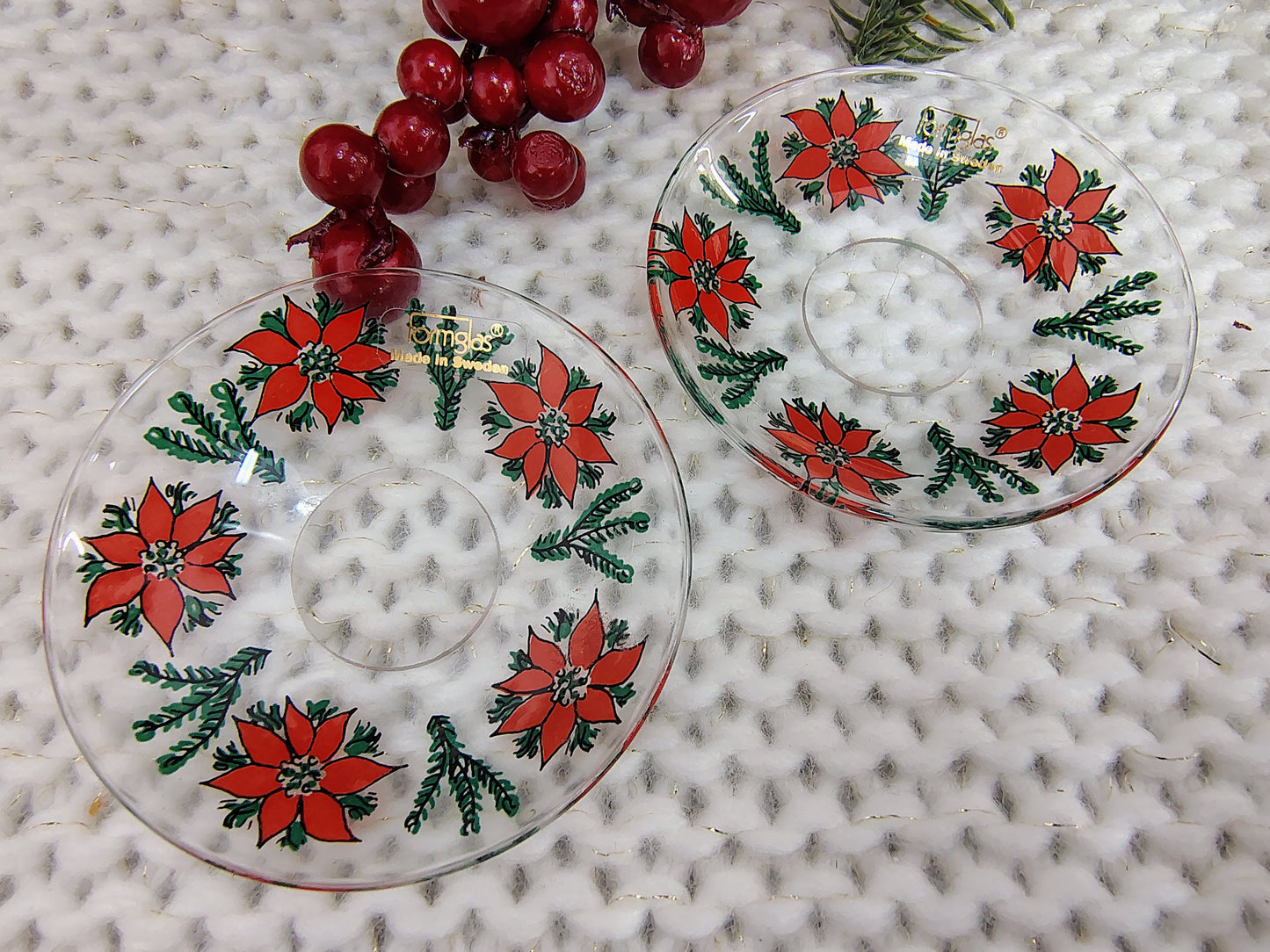 Vintage Formglas Sweden Christmas Poinsettia Glass Candle Holder Drip Rings – Set of 2