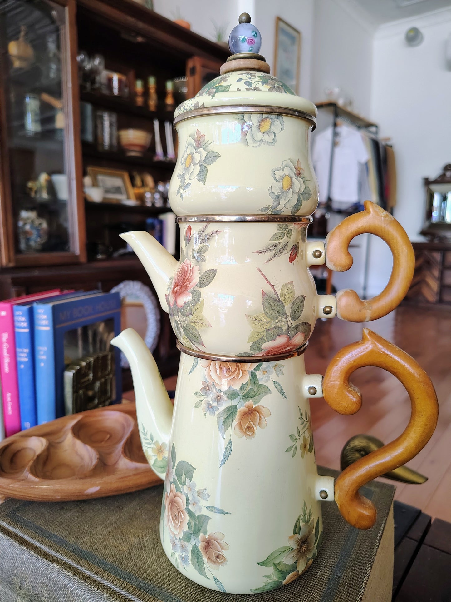 MacKenzie-Childs 1995 Floral Enamelware Teapot, Creamer & Sugar Set