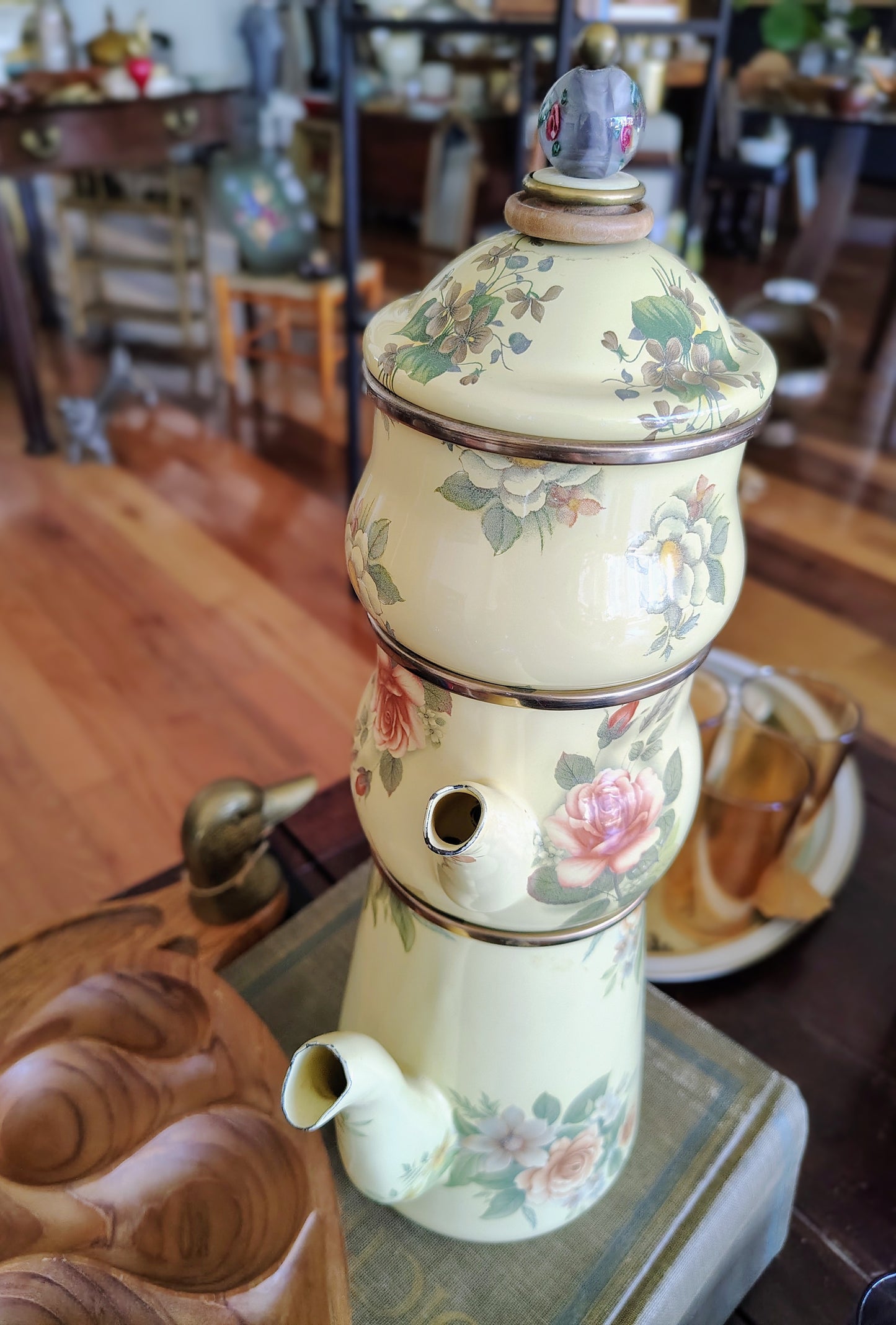 MacKenzie-Childs 1995 Floral Enamelware Teapot, Creamer & Sugar Set