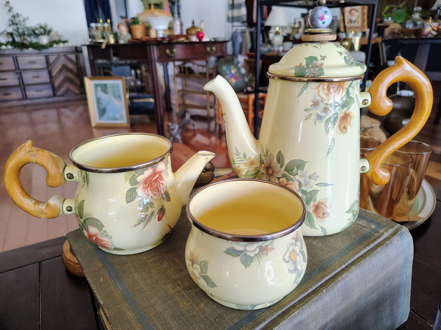 MacKenzie-Childs 1995 Floral Enamelware Teapot, Creamer & Sugar Set