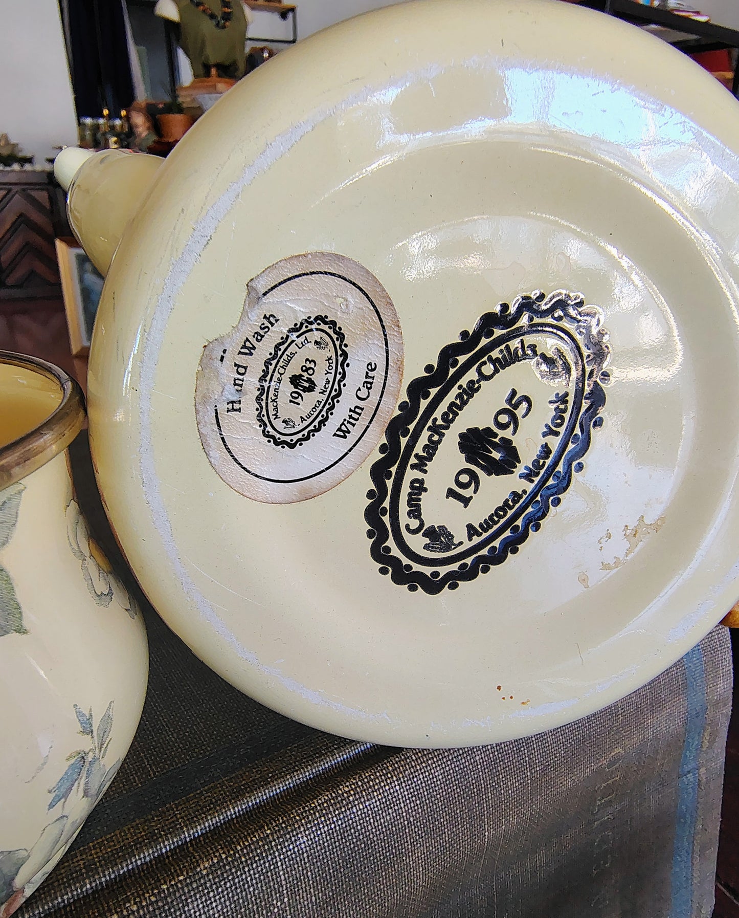 MacKenzie-Childs 1995 Floral Enamelware Teapot, Creamer & Sugar Set