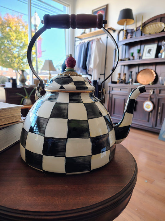 MacKenzie-Childs Courtly Check Enamel Teapot – Black & White Check Pattern