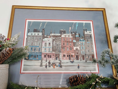 Michel Delacroix Winter Cityscape Lithograph – Snowy Paris Street, Gold Frame