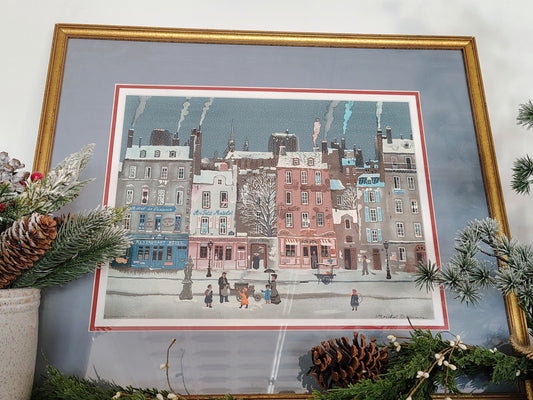 Michel Delacroix Christmas Winter Cityscape Original Lithograph – Snowy Paris Street Scene in Gold Frame