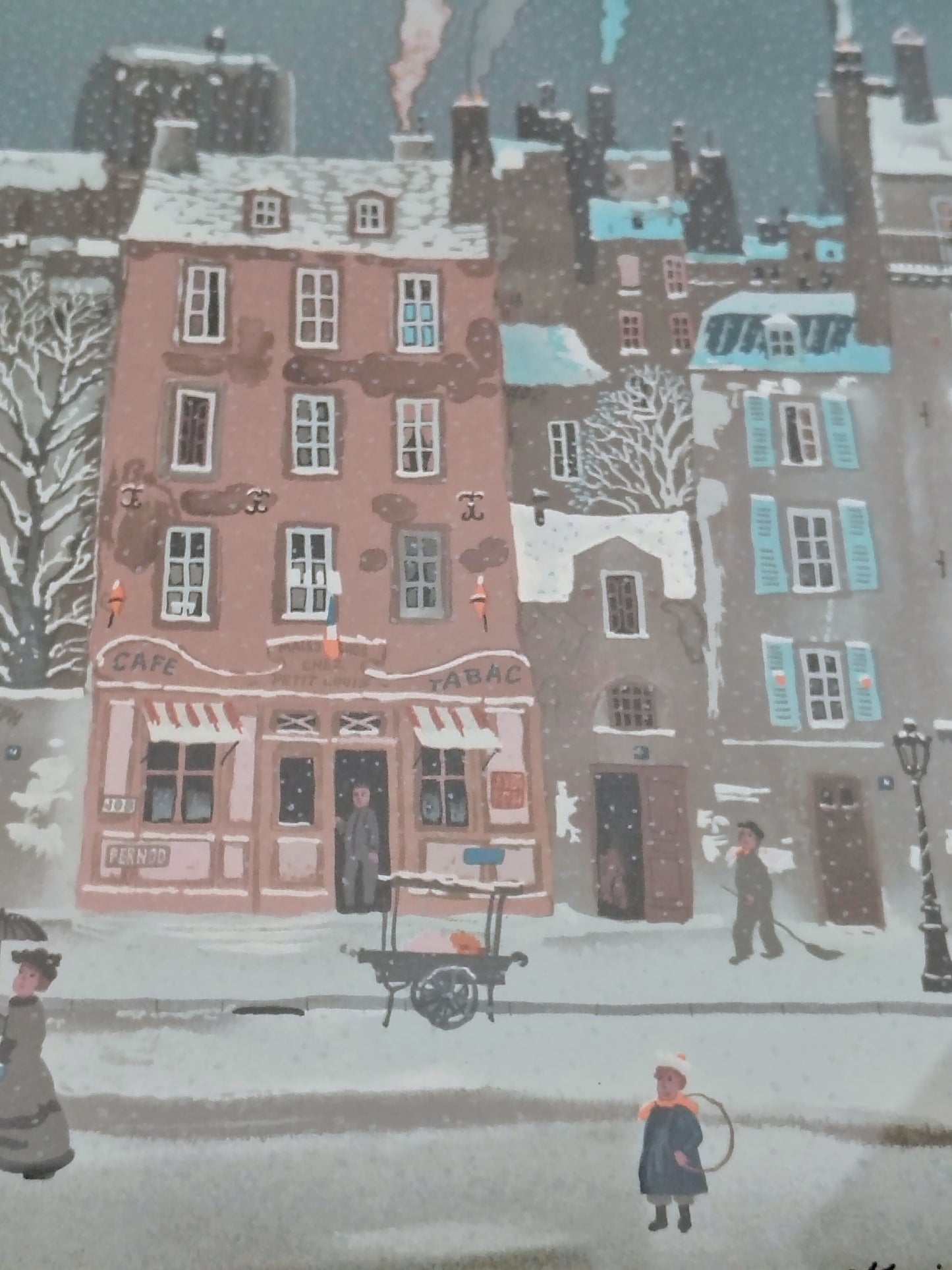 Michel Delacroix Christmas Winter Cityscape Original Lithograph – Snowy Paris Street Scene in Gold Frame