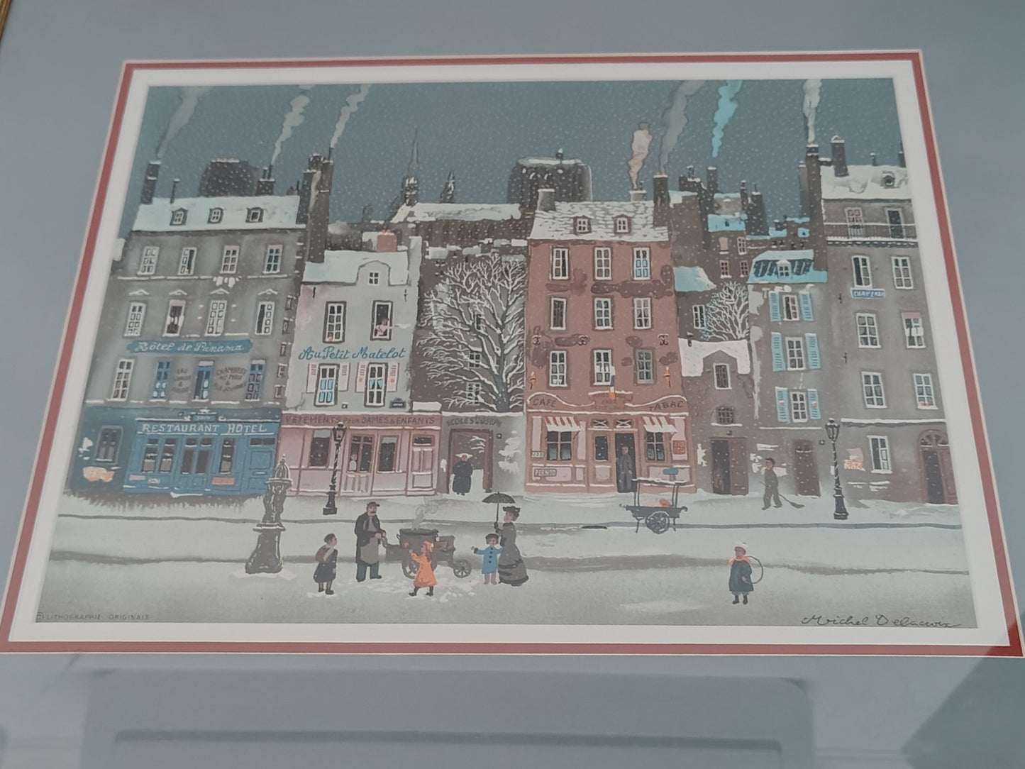 Michel Delacroix Christmas Winter Cityscape Original Lithograph – Snowy Paris Street Scene in Gold Frame