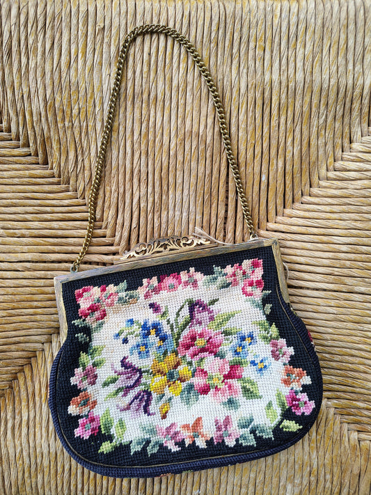 Austrian Needlepoint Evening Bag — Floral on Navy, Gold Filigree Frame, Chain Handle, c. 1930s