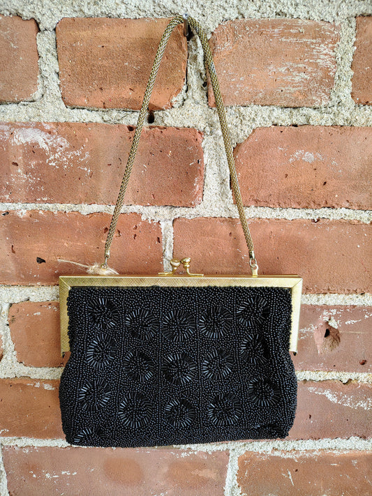 Vintage Black Beaded Evening Bag with Brass Frame – Made in Hong Kong
