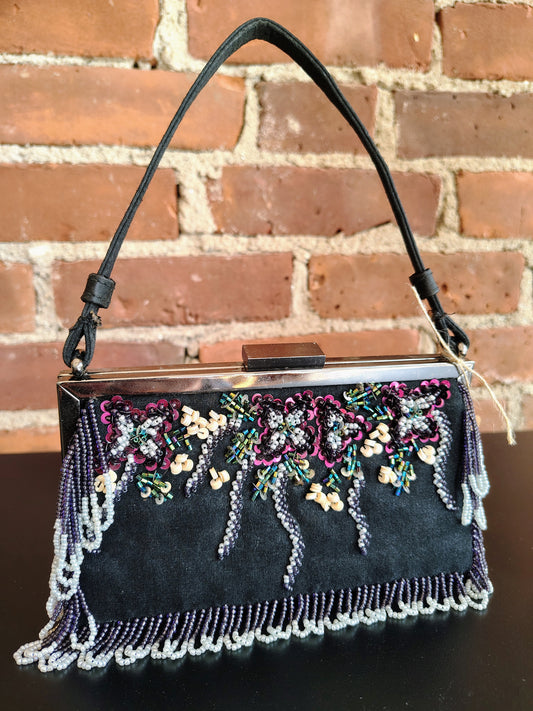 Vintage Fortune Black Beaded Evening Bag with Silver Frame and Fringe Bead Trim