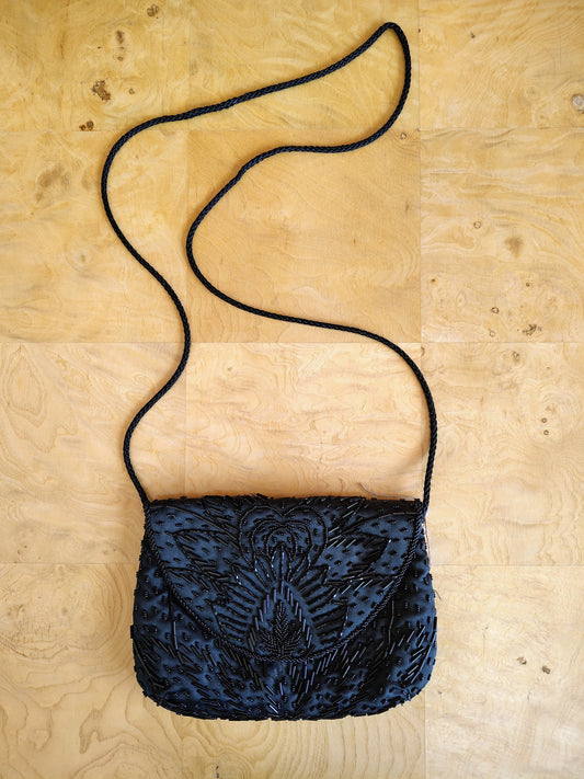 Rebecca Lynn Black Beaded Evening Bag with Long Rope Strap – Handmade Beaded Purse