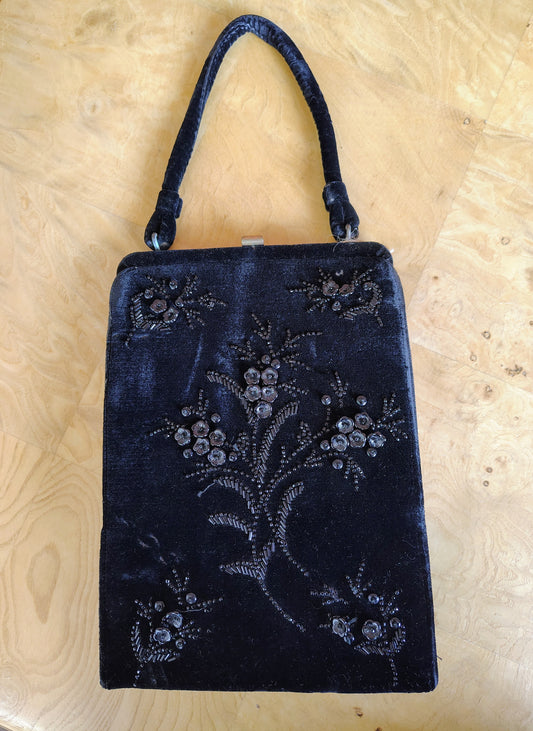 Soure Bag New York Black Velvet Beaded Purse – Vintage Evening Bag
