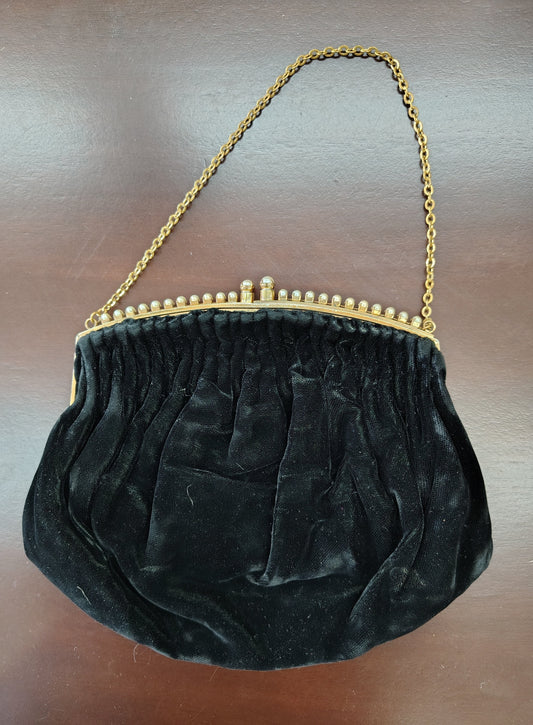 Vintage MM Black Velvet Evening Clutch with Pearl & Gold Frame