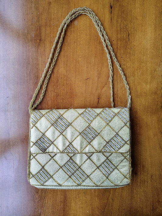 Vintage La Regale Gold Beaded Shoulder Bag Purse with Quilted Pattern