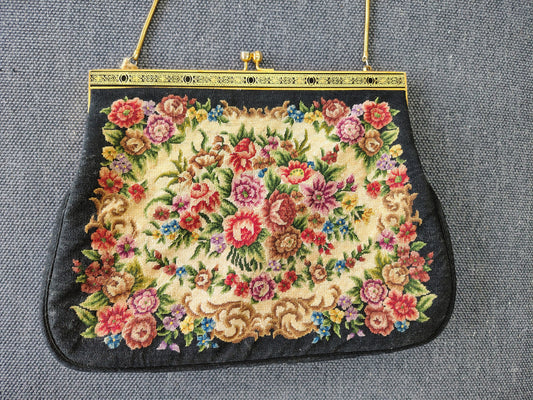 Needlepoint Tapestry Evening Bag 1950s — Floral Bouquet, Gold Kiss-Lock Frame, Chain Handle