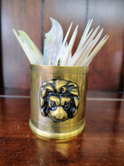Vintage Portuguese Brass Lion Cup — Sculpted Lion Head, Solid Brass, 3" x 3.75", Desk Vessel