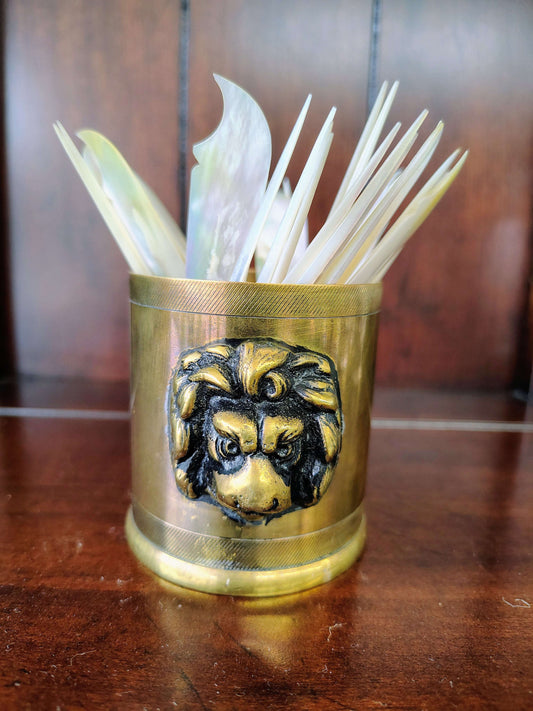 Vintage Portuguese Brass Lion Cup — Sculpted Lion Head, Solid Brass, 3" x 3.75", Desk Vessel
