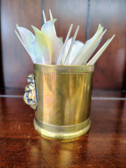Vintage Mother of Pearl Appetizer Set in Brass Lion Cup (Portugal)