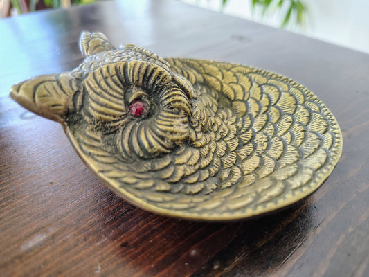 Vintage Brass Owl Dish with Red Jewel Eyes, Made in Tomar, Portugal
