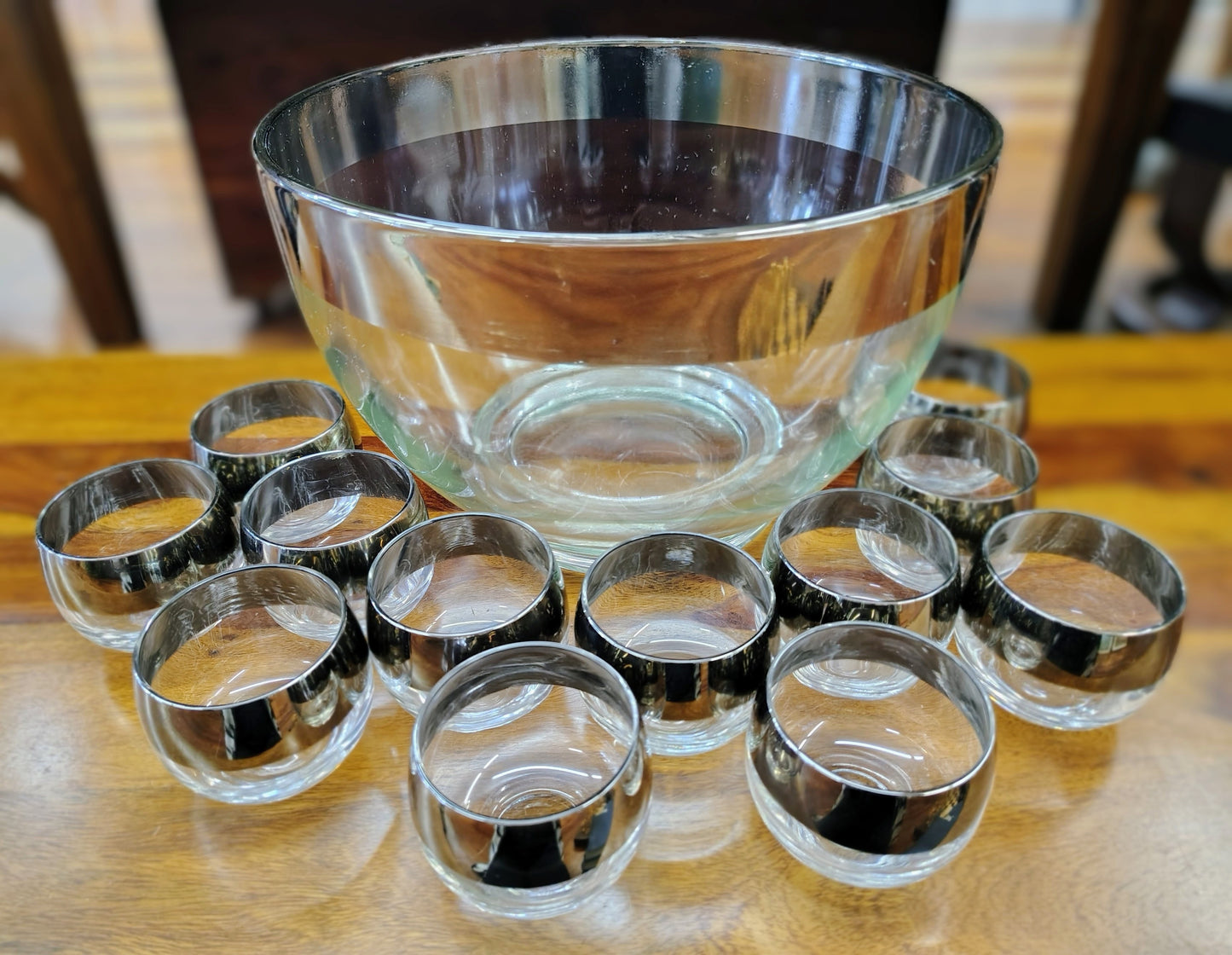 MCM Punch Bowl with 12 Roly Poly Glasses – Vitreon Queen’s Lusterware Silver Rim