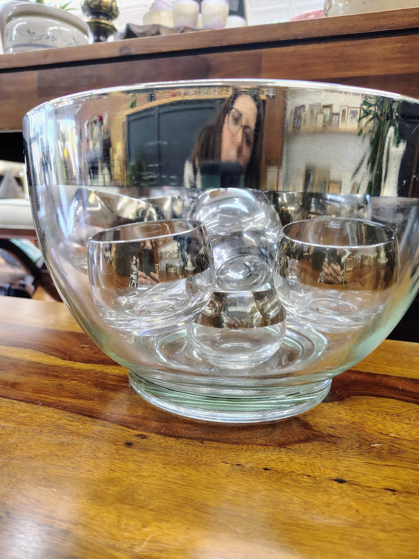MCM Punch Bowl with 12 Roly Poly Glasses – Vitreon Queen’s Lusterware Silver Rim