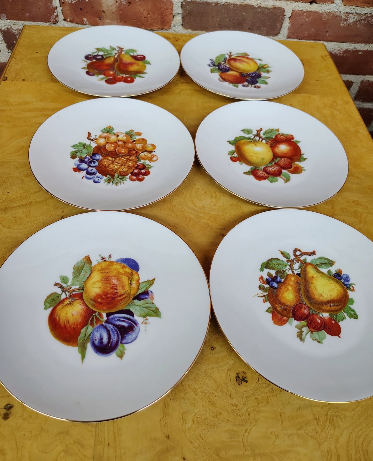 Bareuther Waldsassen Bavaria Fruit Plates, Set of 6 — Gold Rim, Assorted Fruit Designs, 7.5–8"