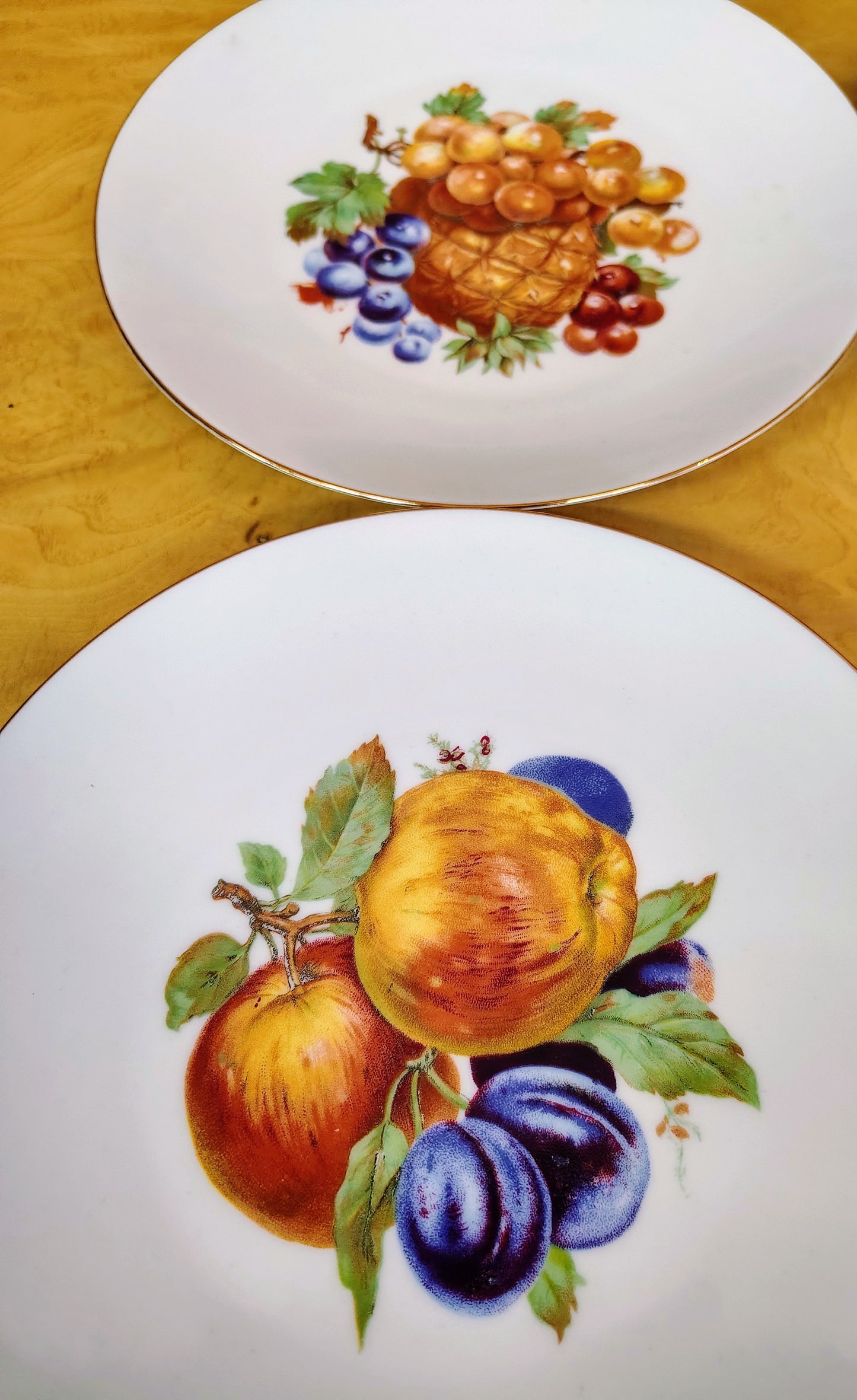 Bareuther Waldsassen Bavaria Fruit Plates, Set of 6 — Gold Rim, Assorted Fruit Designs, 7.5–8"