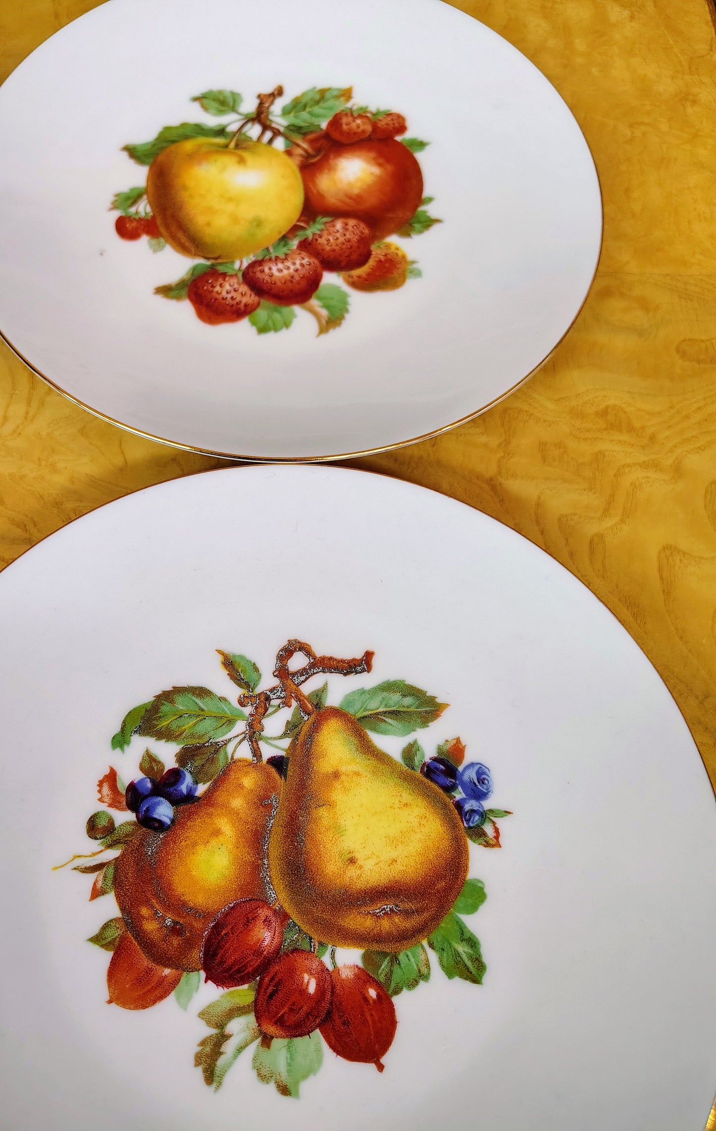 Bareuther Waldsassen Bavaria Fruit Plates, Set of 6 — Gold Rim, Assorted Fruit Designs, 7.5–8"