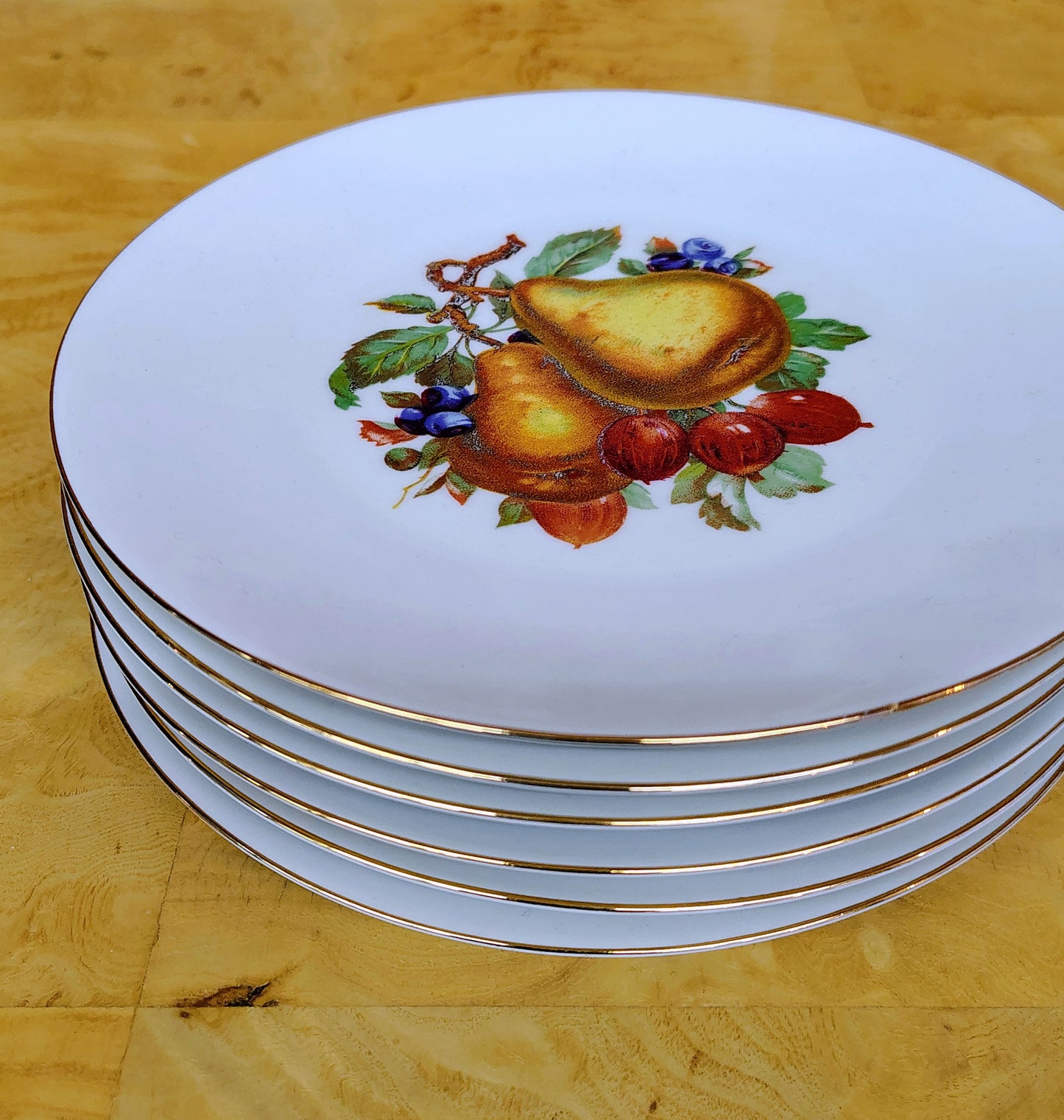 Bareuther Waldsassen Bavaria Fruit Plates, Set of 6 — Gold Rim, Assorted Fruit Designs, 7.5–8"