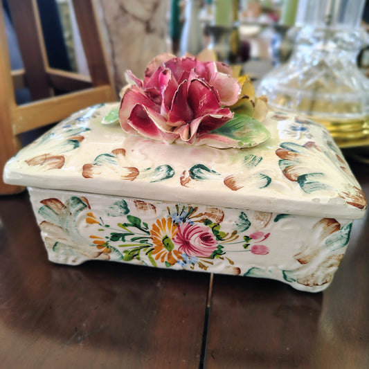 Vintage Italian Hand-Painted Pottery Trinket Box with Sculpted Floral Lid