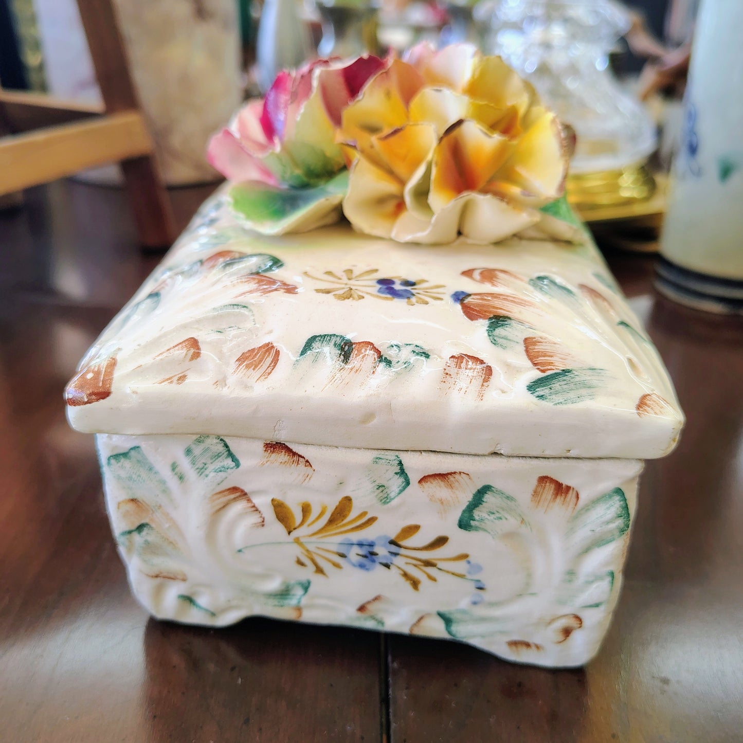 Vintage Italian Hand-Painted Pottery Trinket Box with Sculpted Floral Lid
