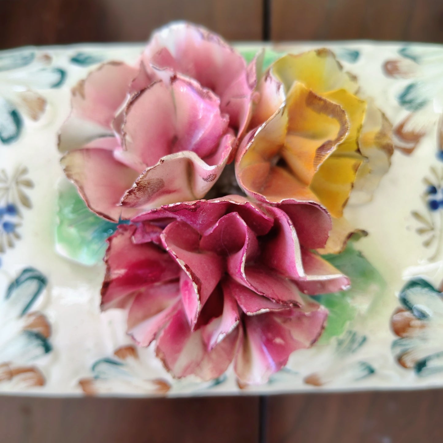 Vintage Italian Hand-Painted Pottery Trinket Box with Sculpted Floral Lid