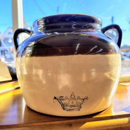 Vintage Crown Stoneware Two-Handle Crock – Brown Glaze & Salt Glaze, 10” x 7”