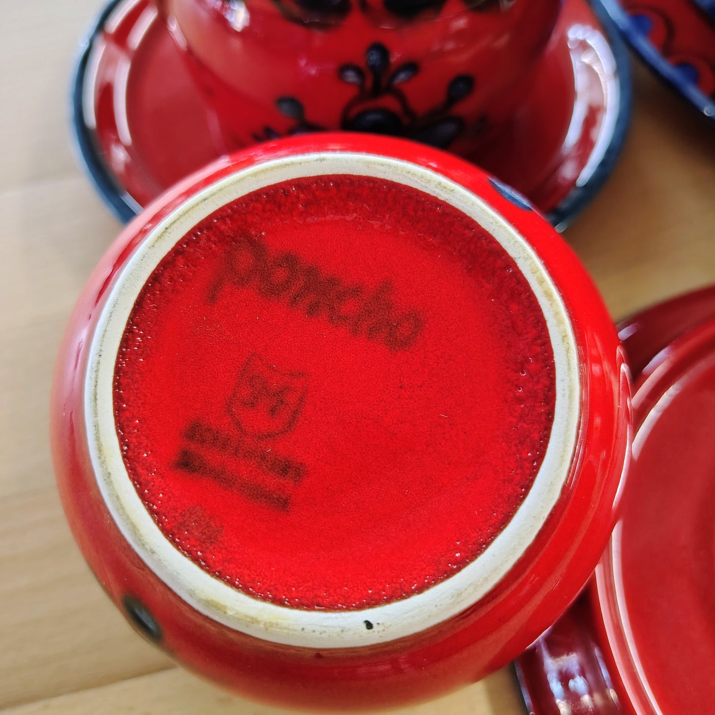 Schramberg SMF Germany Fondue Set — Red Glaze & Folk Motif, Service for 6