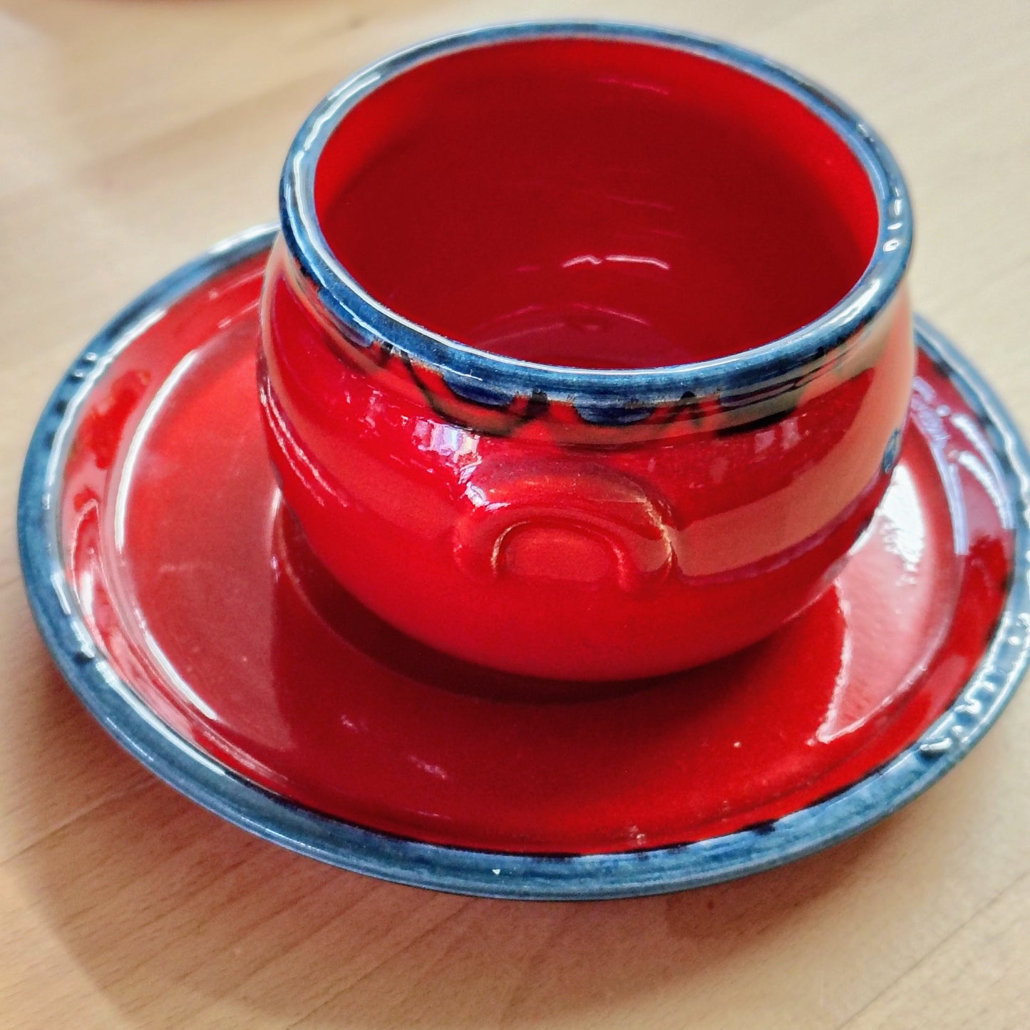 Schramberg SMF Germany Fondue Set — Red Glaze & Folk Motif, Service for 6