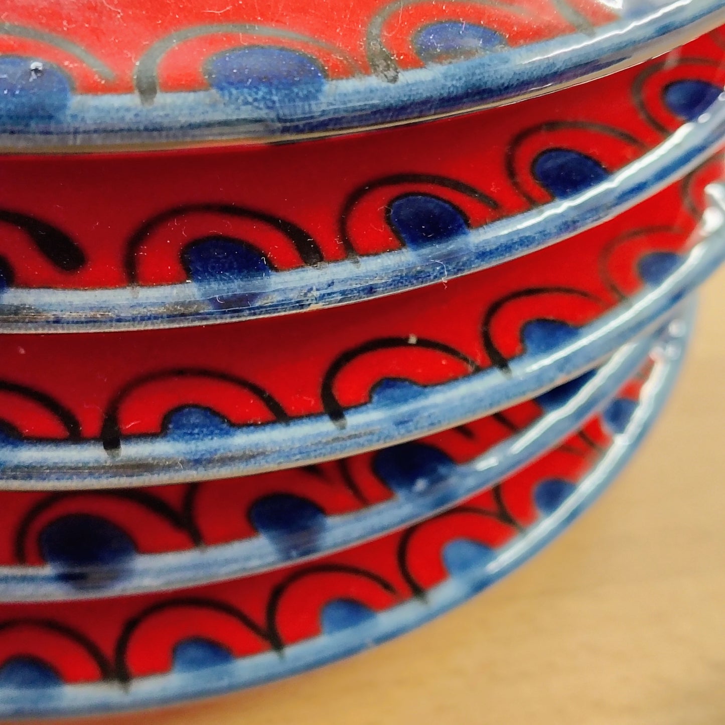 Schramberg SMF Germany Fondue Set — Red Glaze & Folk Motif, Service for 6