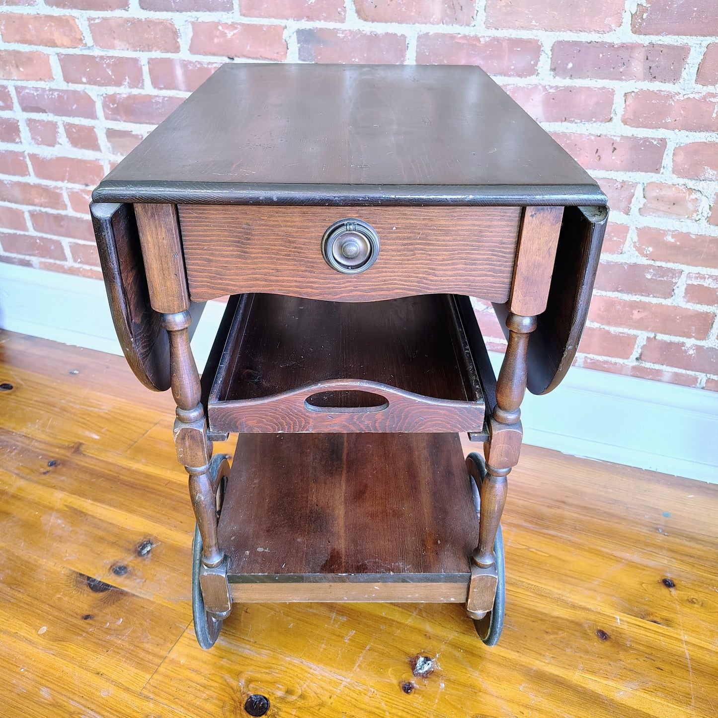 Vintage Dark Wood Tea Cart with Drawer and Removable Tray, 16” x 24” x 28”