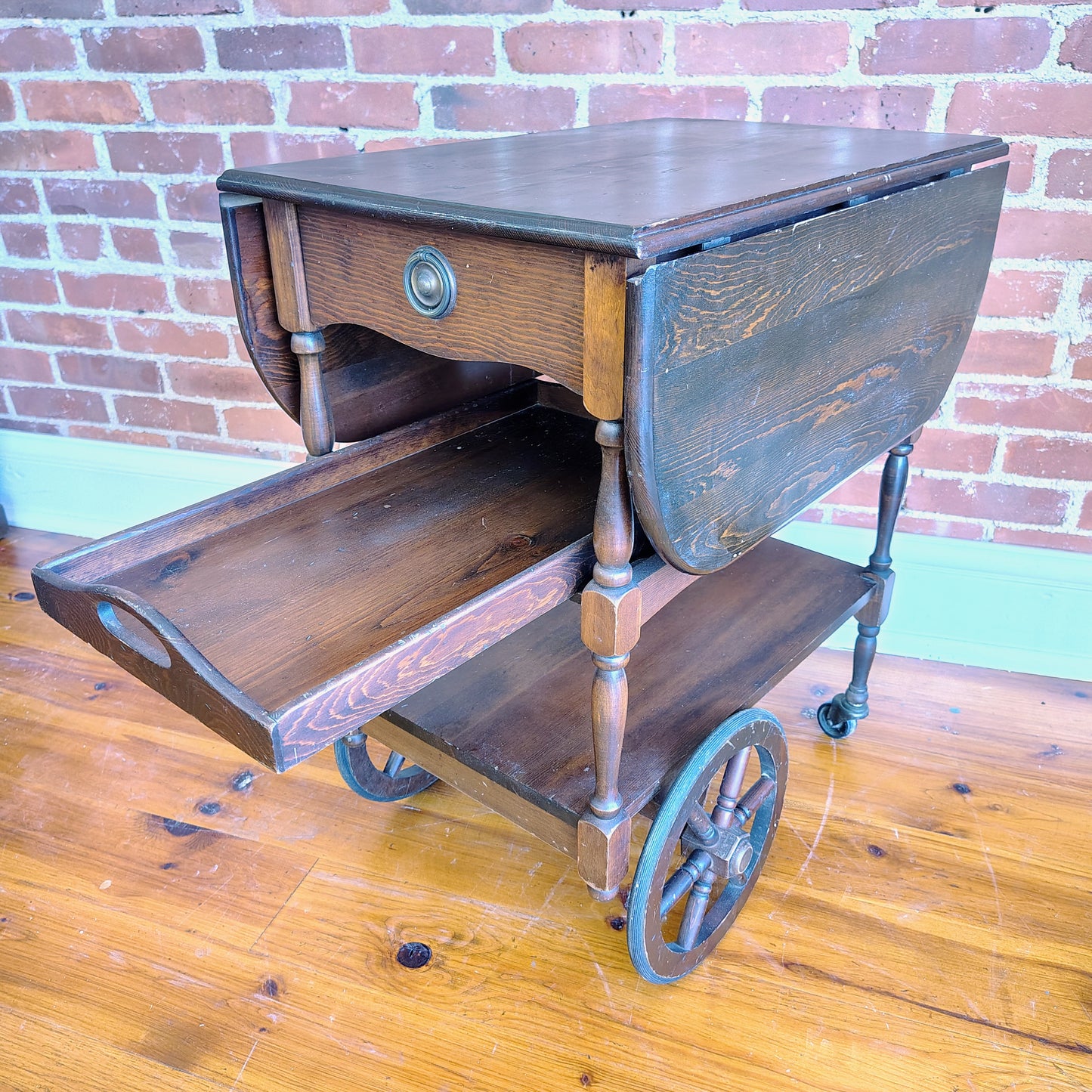 Vintage Dark Wood Tea Cart with Drawer and Removable Tray, 16” x 24” x 28”