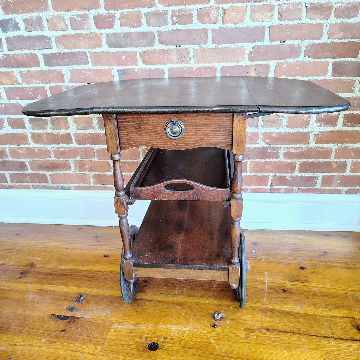 Vintage Dark Wood Tea Cart with Drawer and Removable Tray, 16” x 24” x 28”