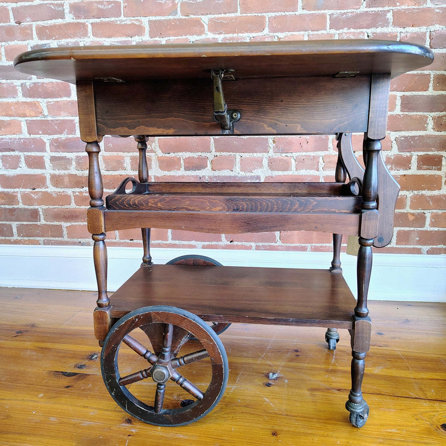 Vintage Dark Wood Tea Cart with Drawer and Removable Tray, 16” x 24” x 28”