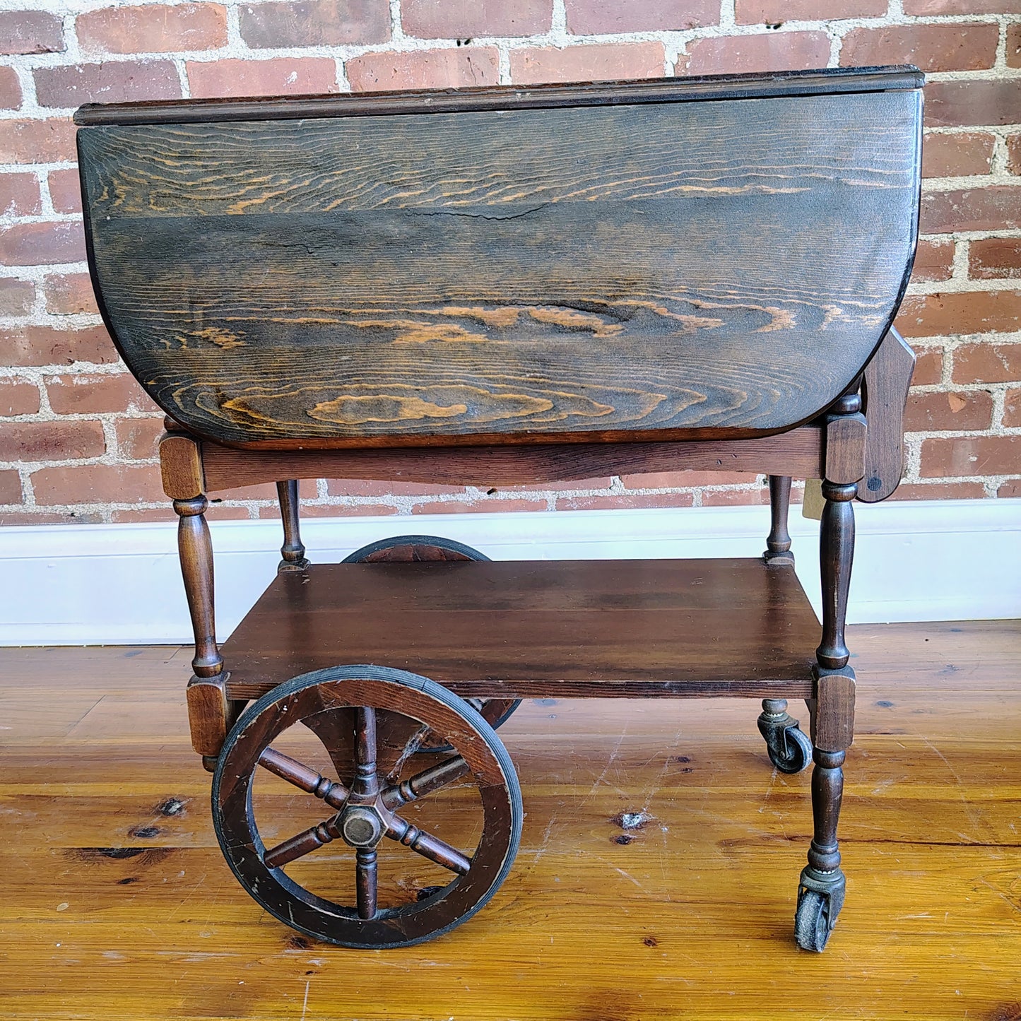 Vintage Dark Wood Tea Cart with Drawer and Removable Tray, 16” x 24” x 28”