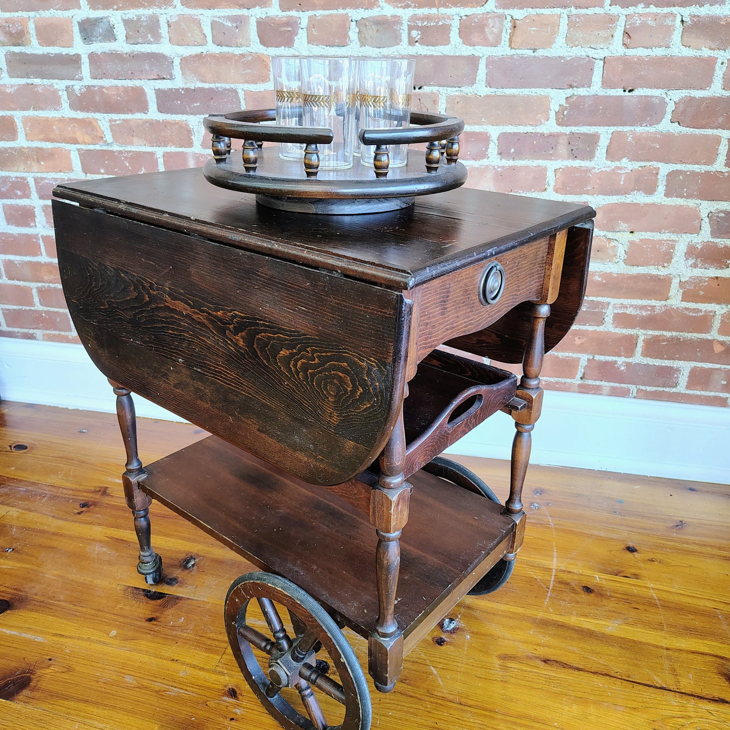 Vintage Dark Wood Tea Cart with Drawer and Removable Tray, 16” x 24” x 28”