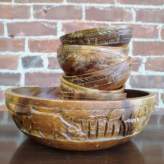 Vintage Monkey Pod Wood Salad Bowl Set with 7 Bowls Hand-Carved