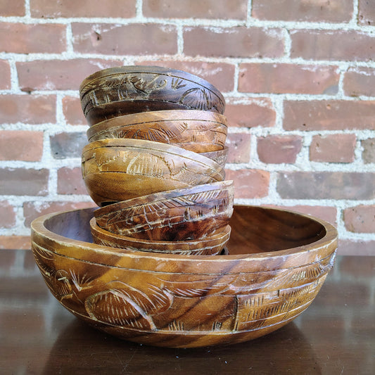 Vintage Monkey Pod Wood Salad Bowl Set with 7 Bowls Hand-Carved
