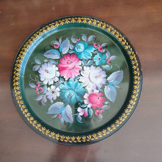 Russian Tole Tray, Hand-Painted Cabbage Roses — Signed "OTH No. 8," Soviet Era