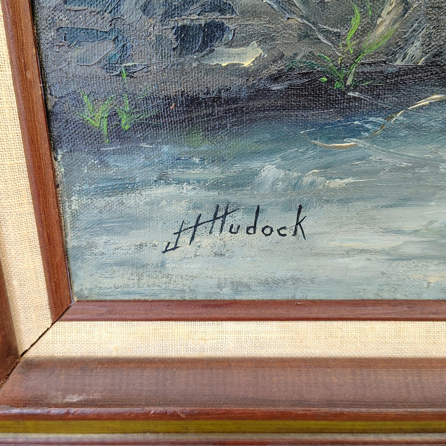 J. Hudock Oil on Canvas — Man with Dog in Woodland, Monroe CT, Framed