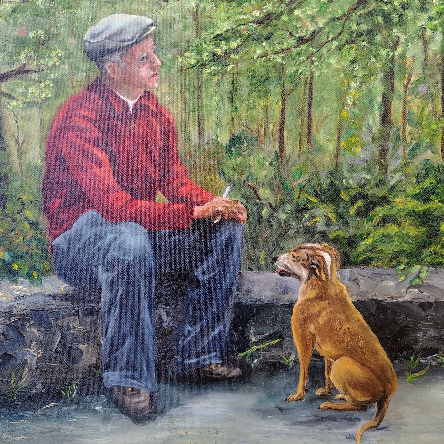 J. Hudock Oil on Canvas — Man with Dog in Woodland, Monroe CT, Framed