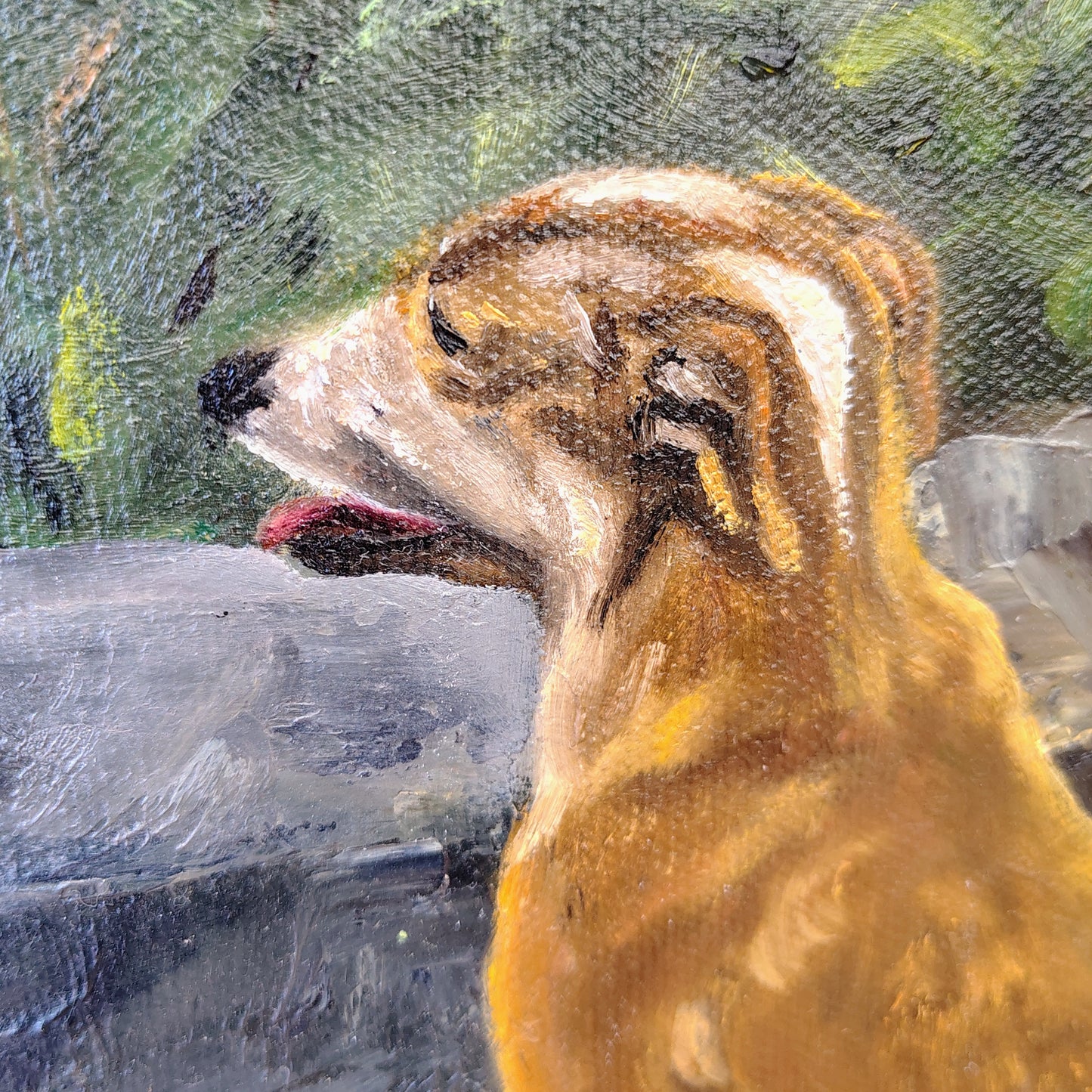 J. Hudock Oil on Canvas — Man with Dog in Woodland, Monroe CT, Framed