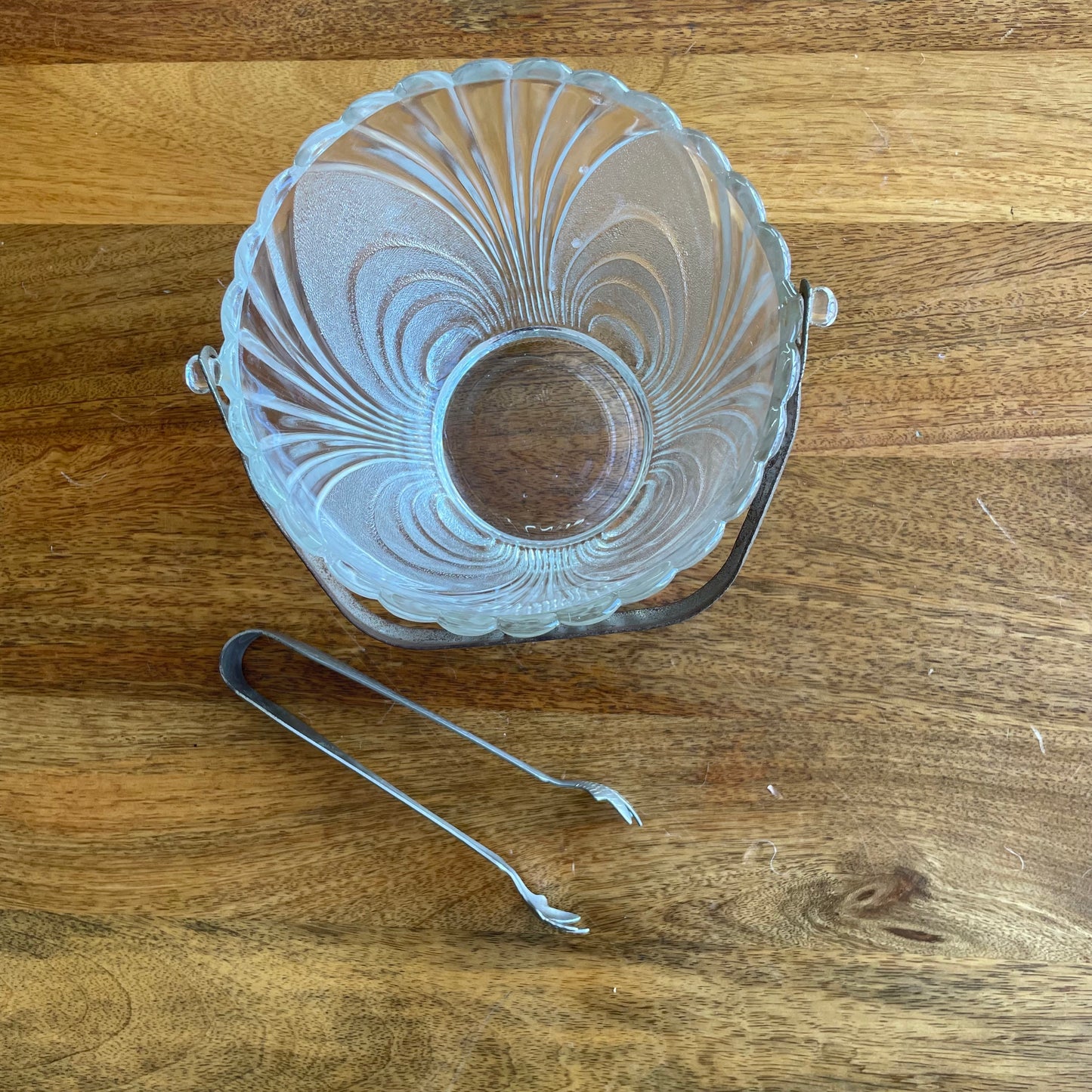 Pressed Glass Ice Bucket with Hammered Metal Handle & Tongs